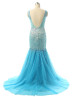 Blue Tulle Beads Backless Mermaid Long Prom Dress